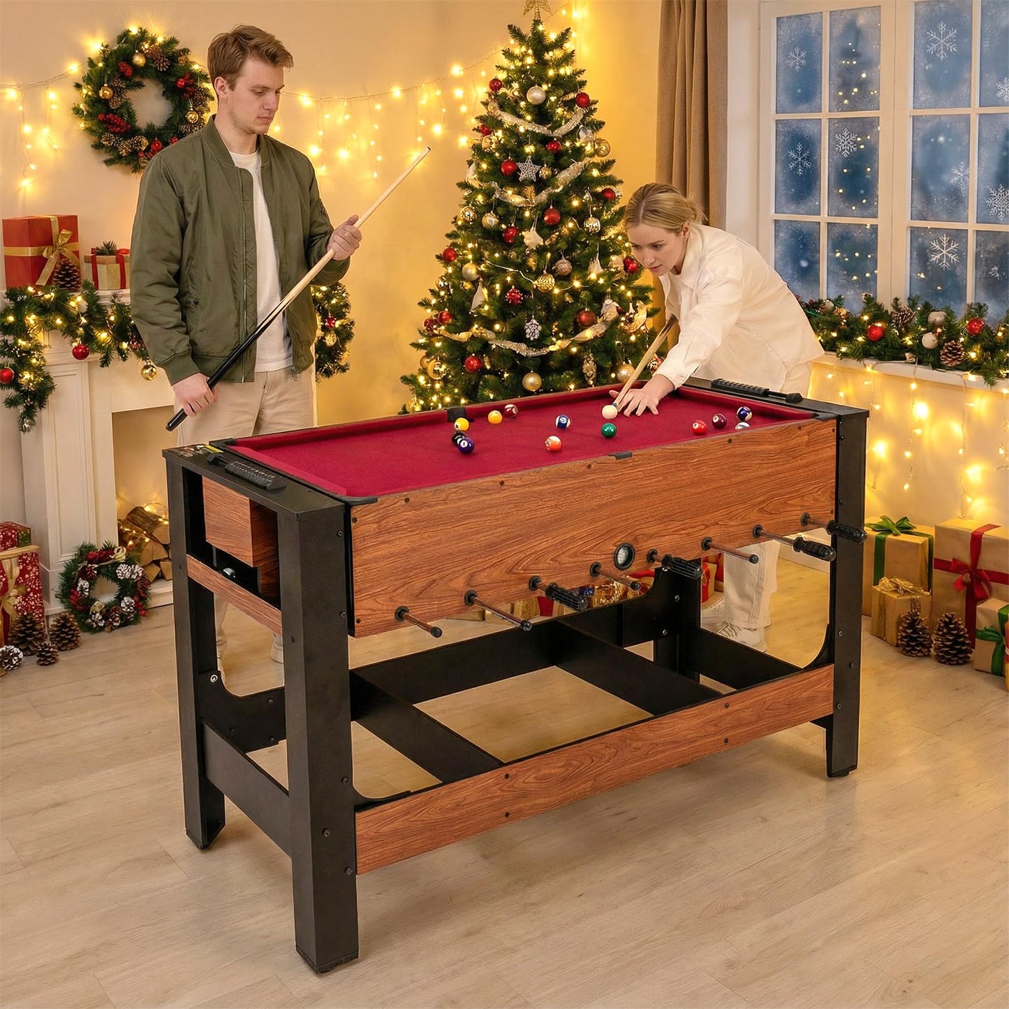 2 in 1 Multi Game Table, 138cm Swivel Football & Pool Combo Table with 2 Foosballs