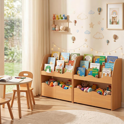 Kids Bookshelf, Storage Organizer with 2 Rolling Drawers
