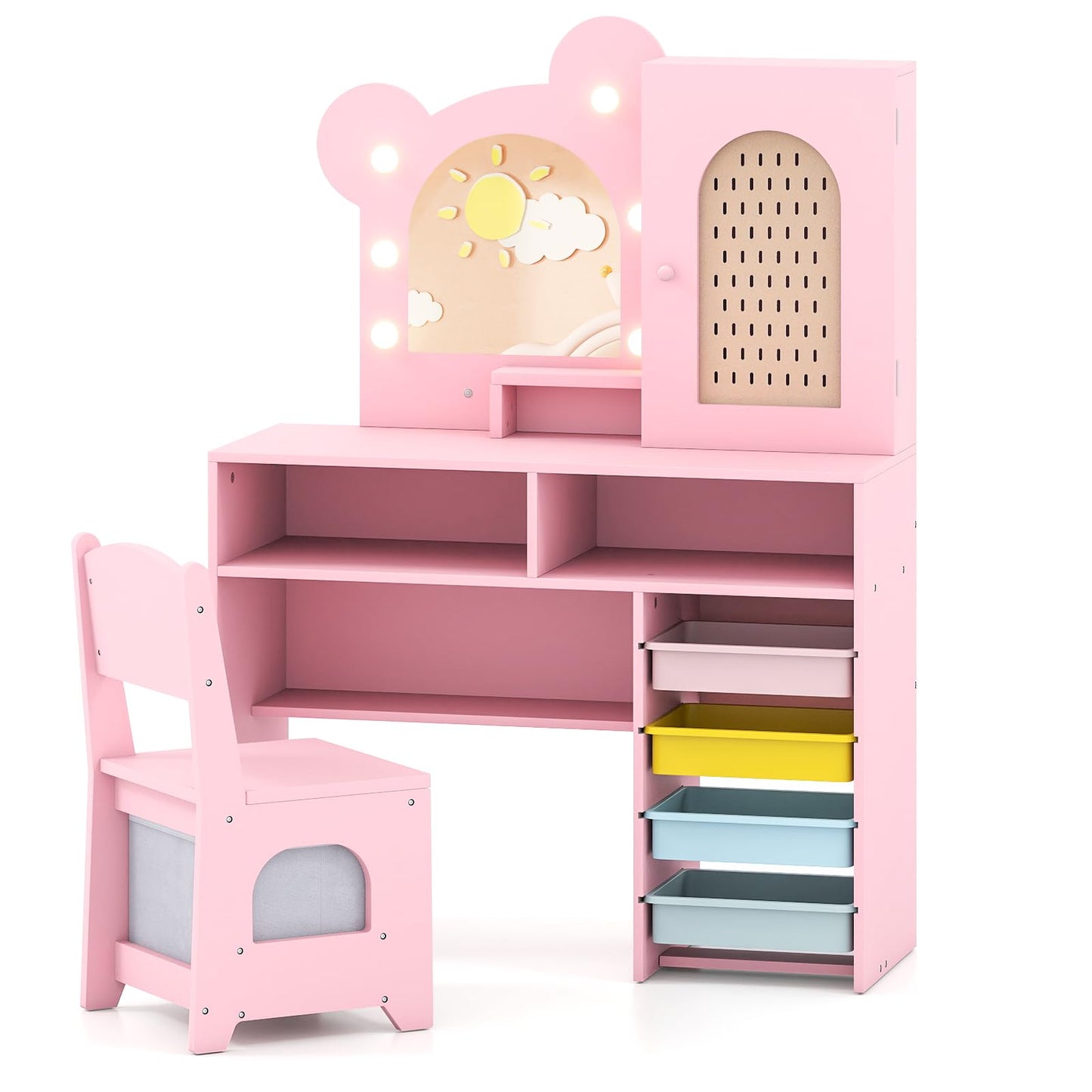 Kids Vanity with Lights Princess Vanity Table and Chair Set with 5 Drawers and 2 Compartments