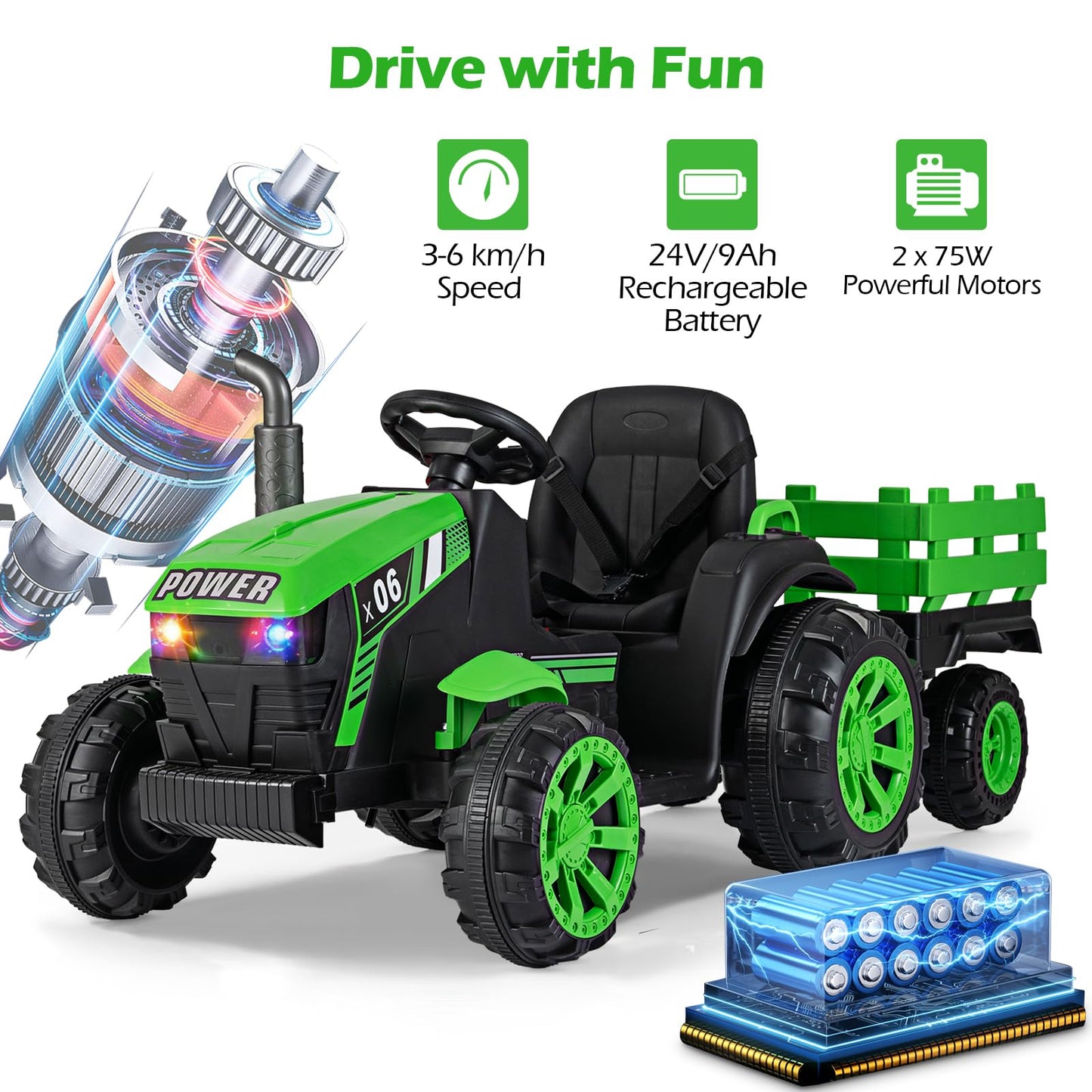 24V Ride On Tractor with RGB LED Headlights and Parent Remote Control