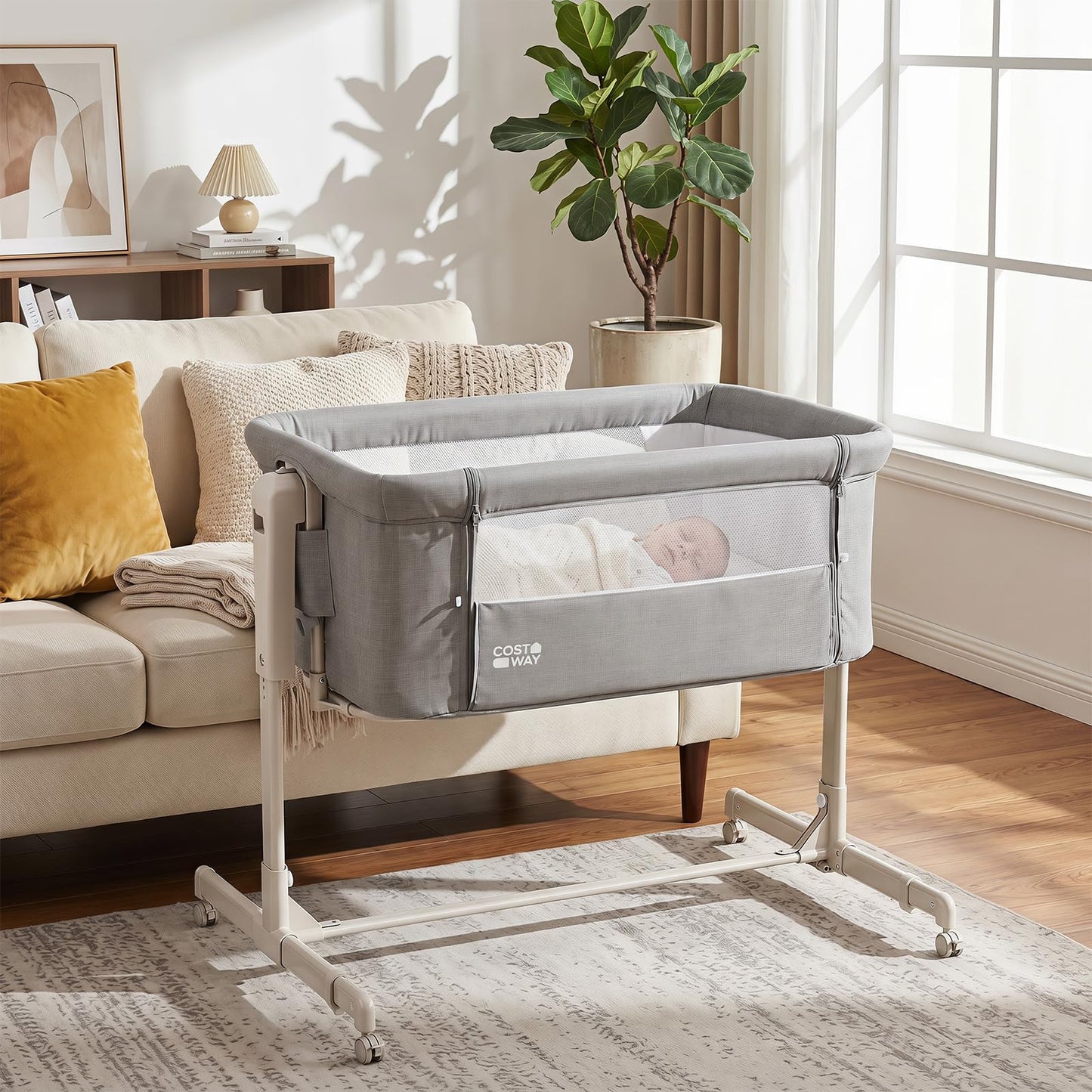3-in-1 Baby Crib Height-Adjustable Bedside Crib with Castors