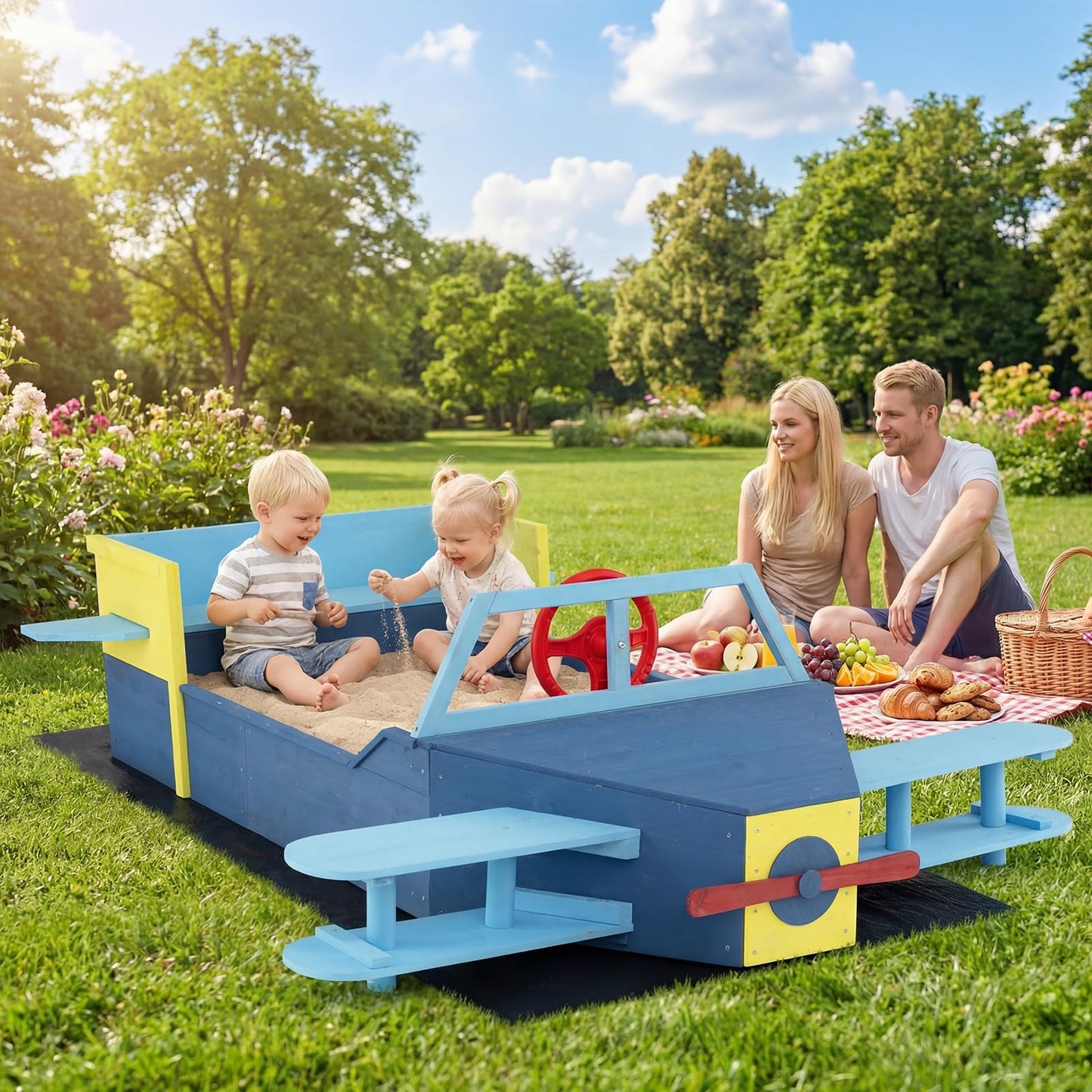 Wooden Kids Sandpit, Glider-Shape Sand Box with Bench Seat, Propeller, Rotatable Rudder