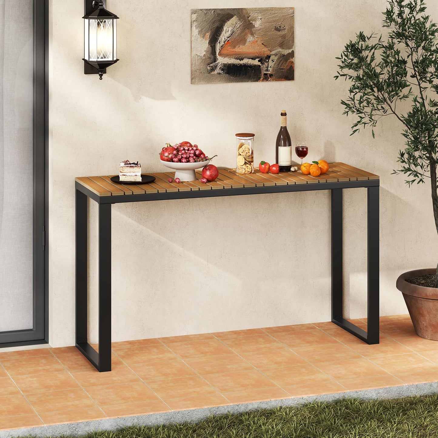6-Person Metal Frame Rectangular Garden Table with WPC Slat Tabletop