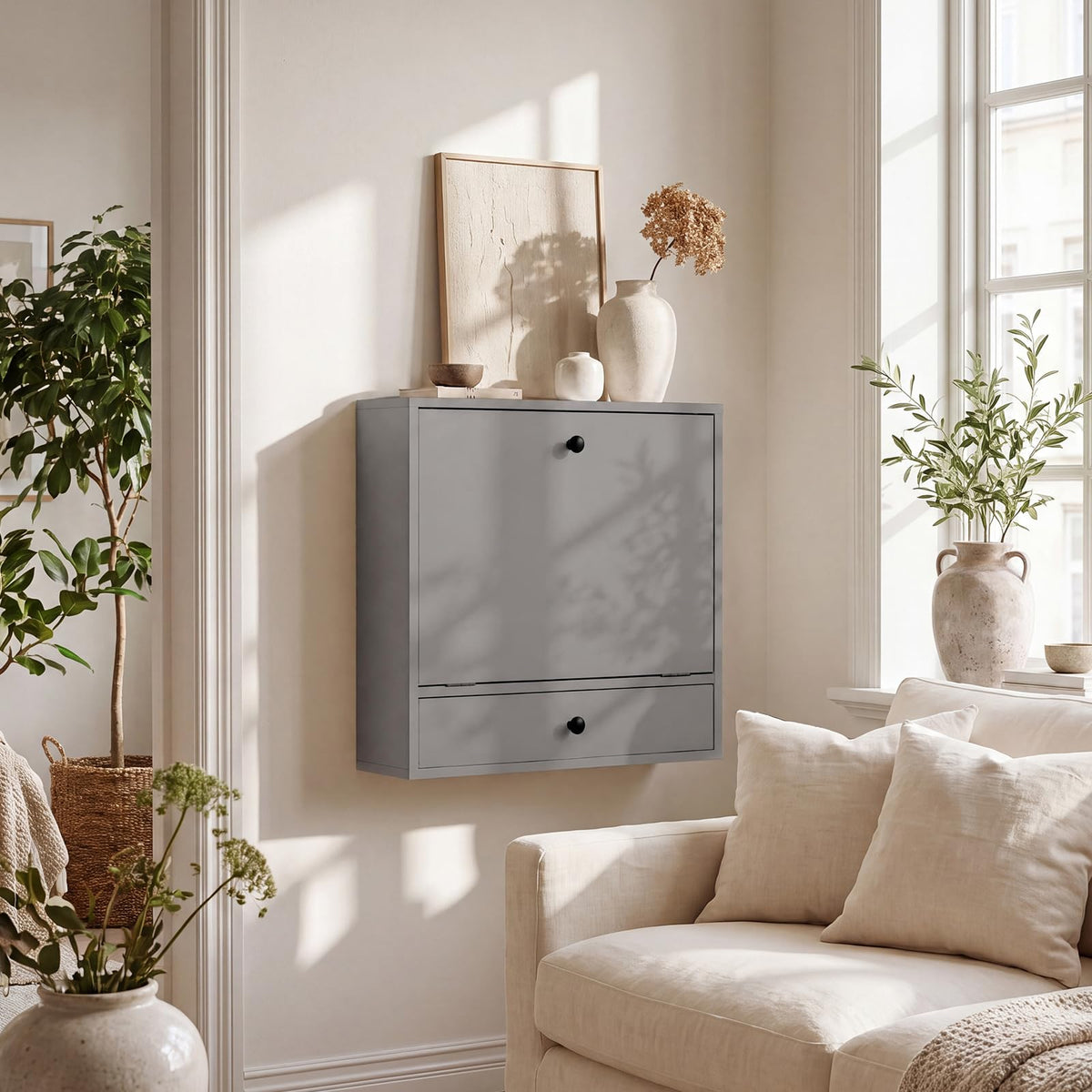 Wall-Mounted Fold-Down Desk Floating Computer Workstation with Drawer and 6 Cubes