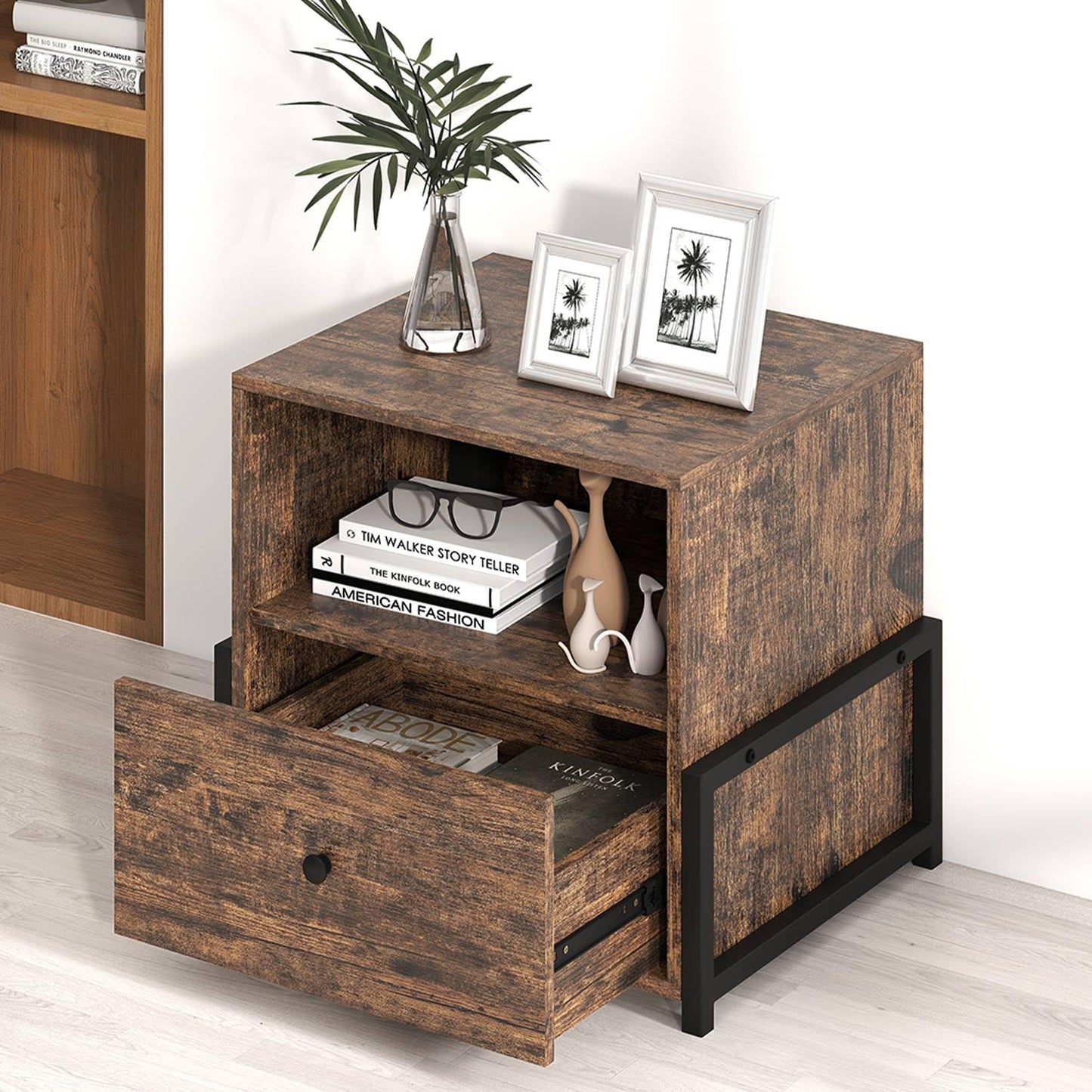 Nightstand with Charging Station 3-Tier Bedside Table with Drawer
