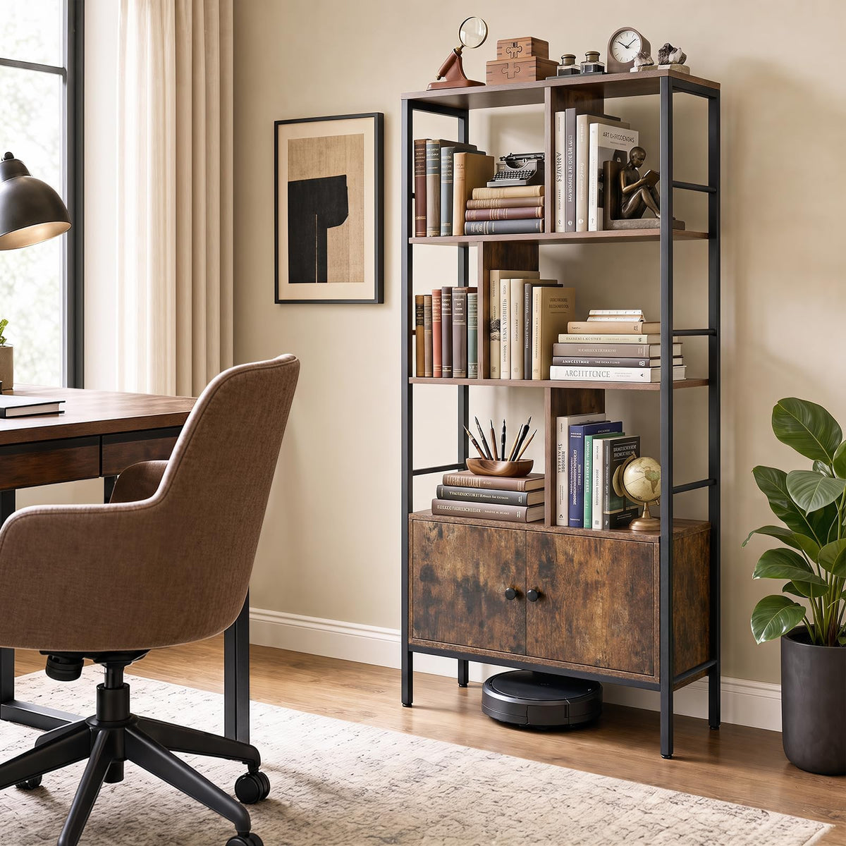Modern Bookcase with Steel Frame 3-Tier Shelves and 2-Door Cabinet for Living Room