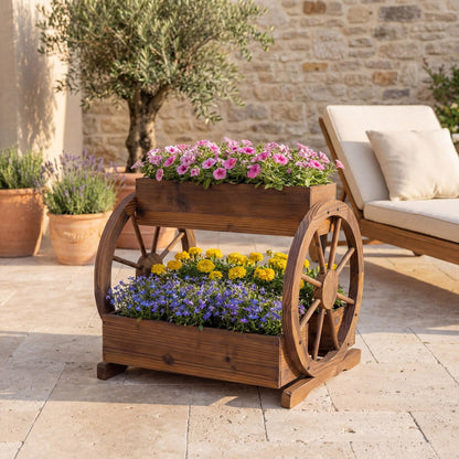 Wood Wagon Planter Box, 2-Tier Rustic Raised Garden Bed with Drainage Holes