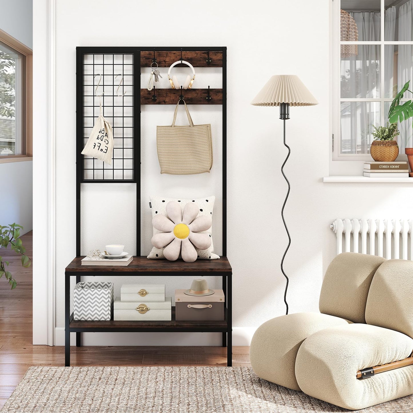 Freestanding Coat Rack with Shoe Storage Bench & Wall Grid Panel