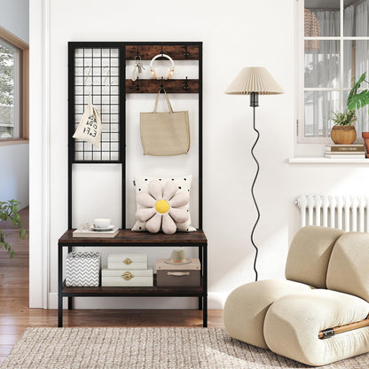 Freestanding Coat Rack with Shoe Storage Bench & Wall Grid Panel