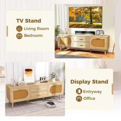 150cm TV Cabinet Media Entertainment Center with Rattan Doors and Storage Drawers