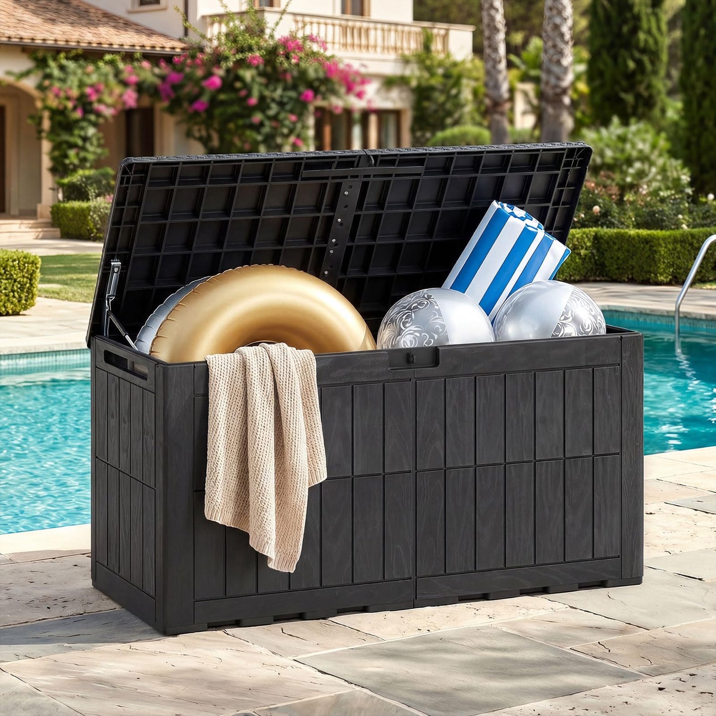 Garden Storage Box, Waterproof Resin Deck Box Bench with Lockable Lid & Handles