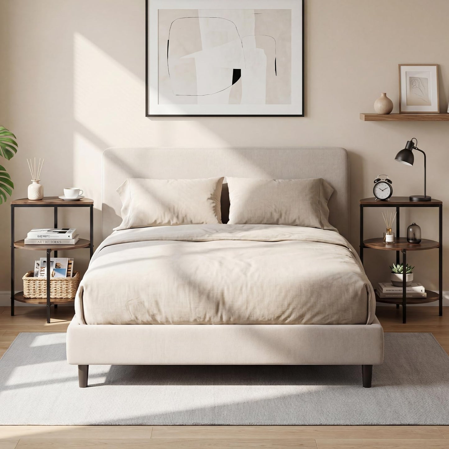 3-Tier Round Side Table, Industrial Nightstand Bedside Table with Storage Shelves