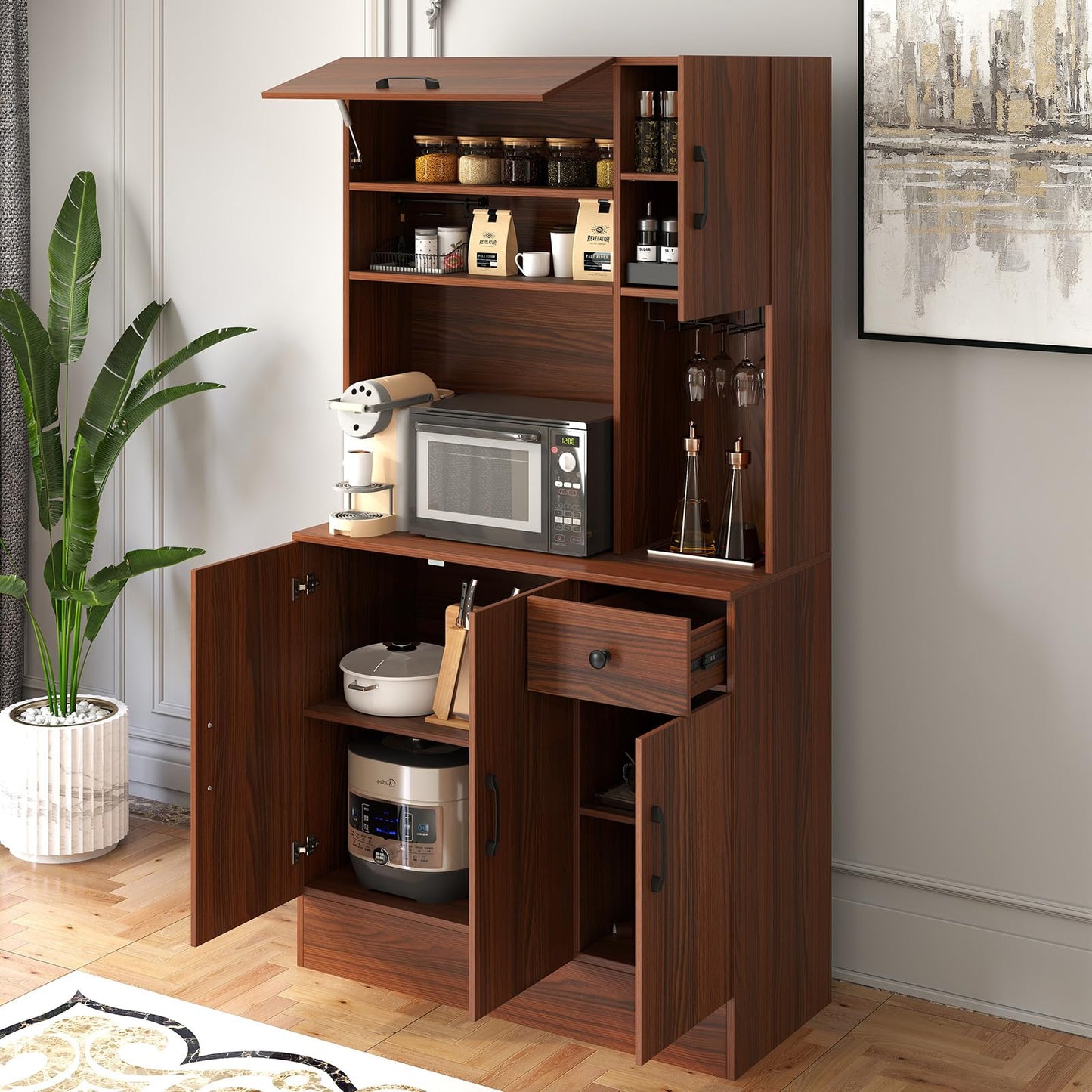 167cm Tall Pantry Cabinet with Hutch and Power Outlets