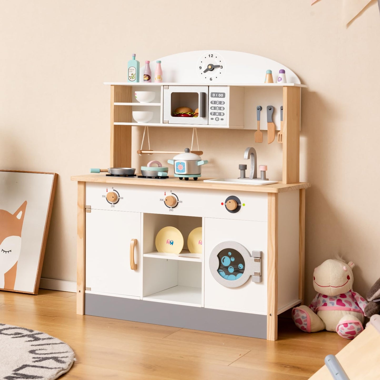 Wooden Kids Play Kitchen, Chef Pretend Toy Kitchen with Clock