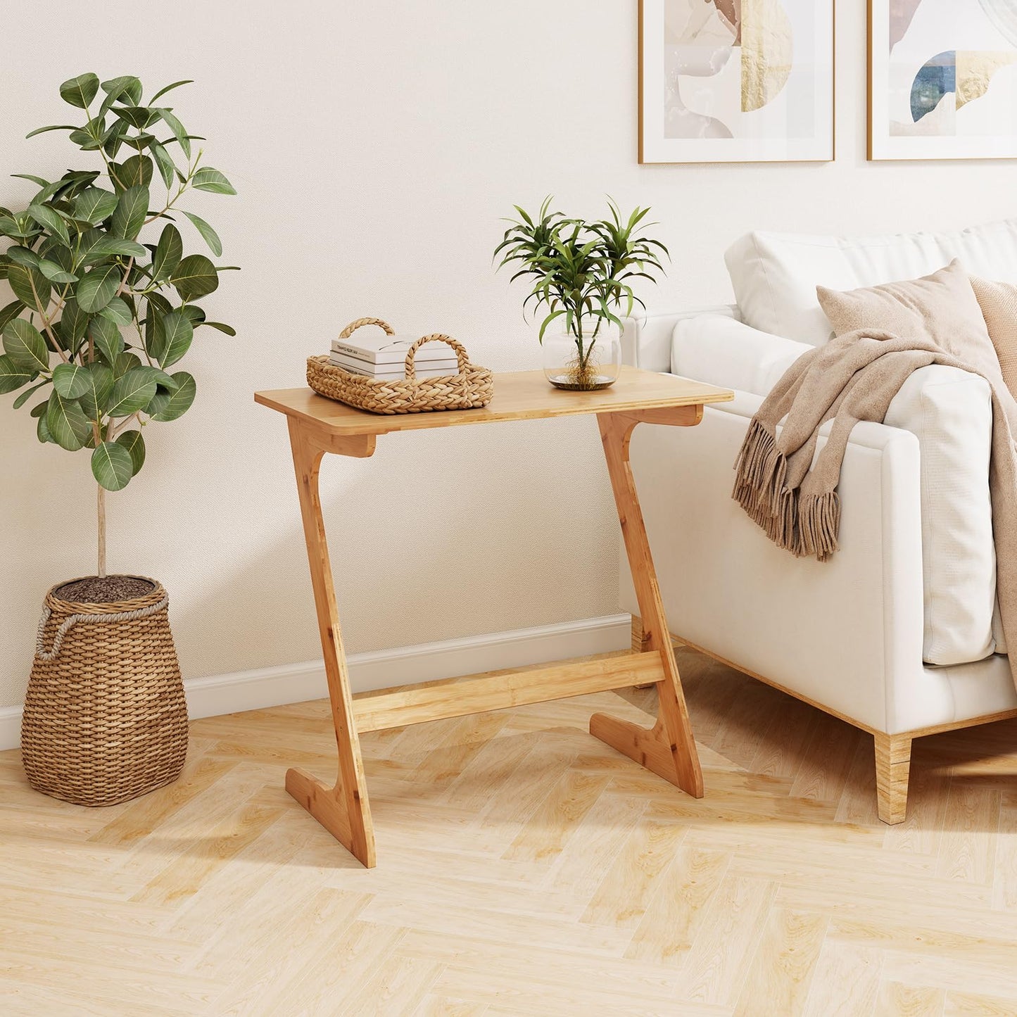 Z Shaped Bamboo Sofa Side End Couch Table for Snacks and Drinks