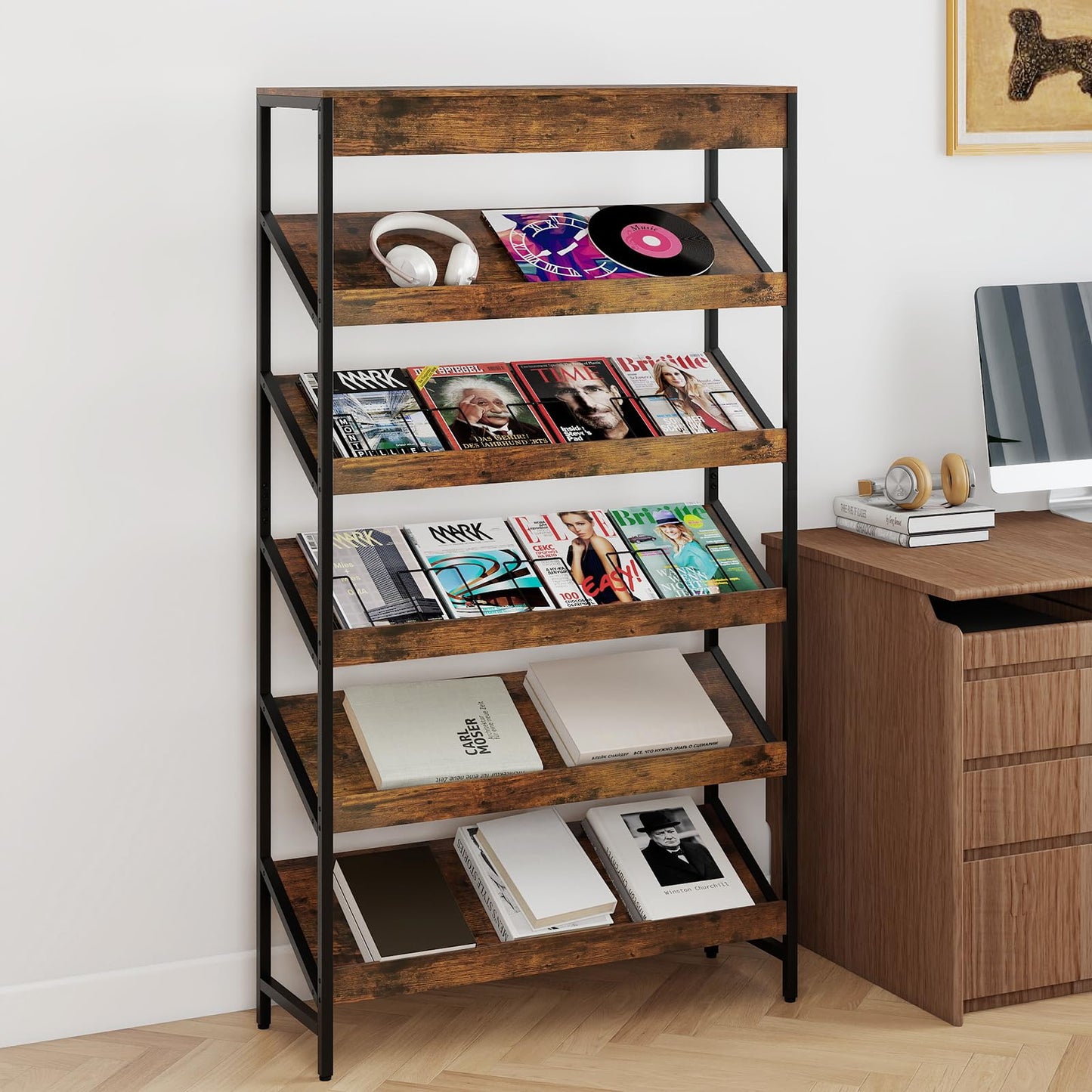 6 Tier Bookshelf, 161 cm Tall Freestanding Slant Display Shelf