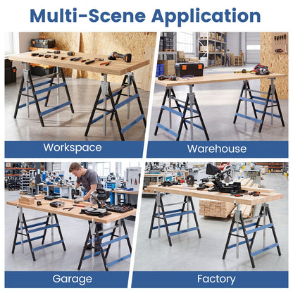 Set of 2 Adjustable Builders Trestle with Top Limit Clip (Blue) | 200kg Capacity Telescopic Saw Horse