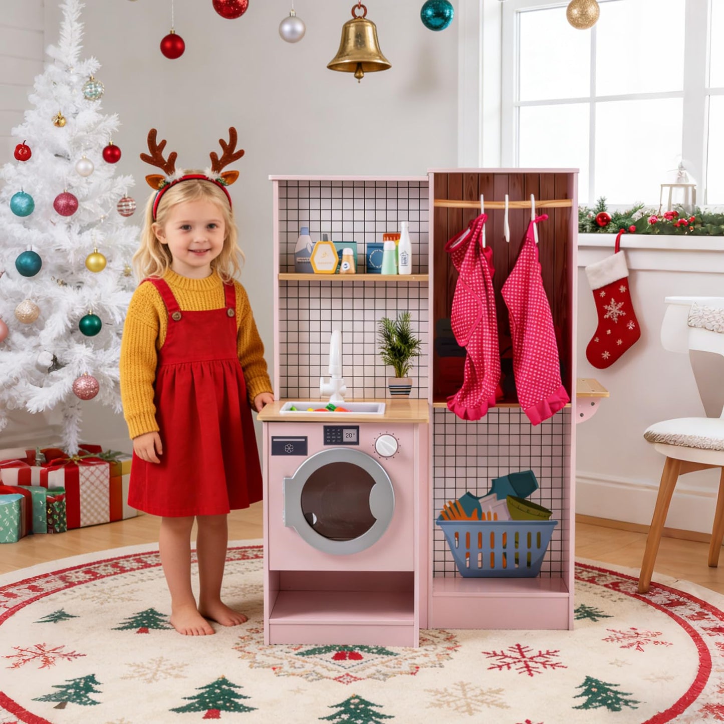 Kids Play Kitchen, Dual-Sided Toddler Pretend Laundry Toy Kitchen Playset