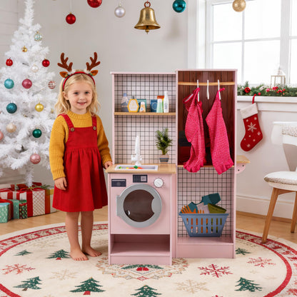 Kids Play Kitchen, Dual-Sided Toddler Pretend Laundry Toy Kitchen Playset