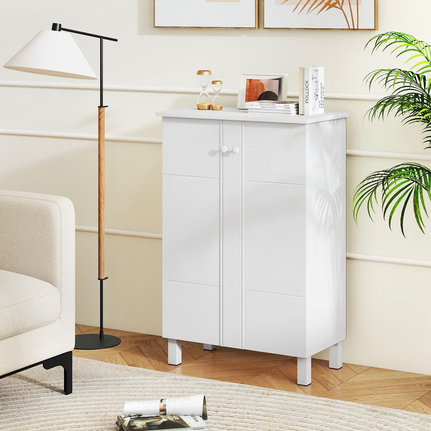 Wooden Shoe Cabinet, 4-Tier Freestanding Shoe Cupboard with 2 Doors and Removable Shelves