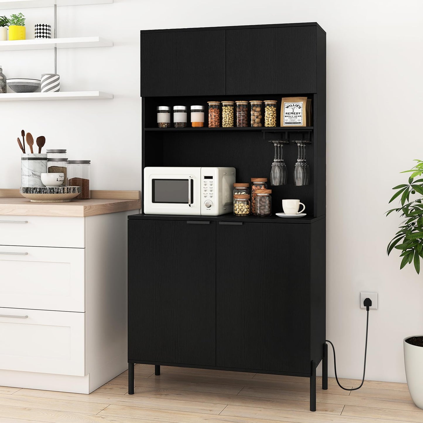 Kitchen Pantry Cabinet with Power Outlets and Wine Racks