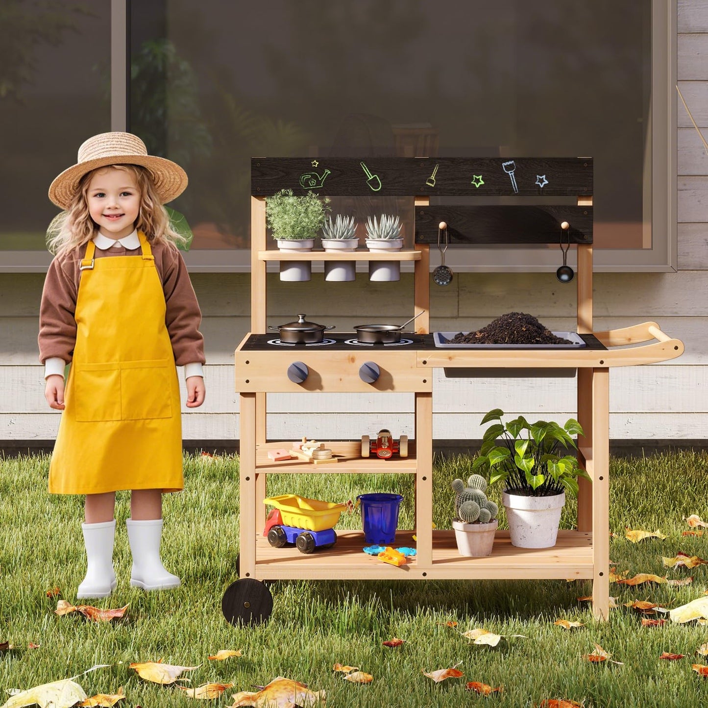 Mud Fir Wood Play Kitchen Kitchen with Wheels and Blackboard