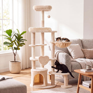 Cat Tree, 149cm Tall Cats Tower with Perches, Plush Condo, Cozy Basket