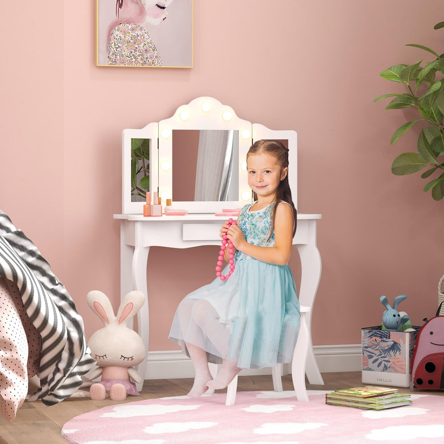 Kids Vanity Table and Stool Set with Real Glass Tri-Folding Mirror and Drawer