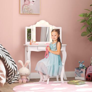 Kids Vanity Table and Stool Set with Real Glass Tri-Folding Mirror and Drawer