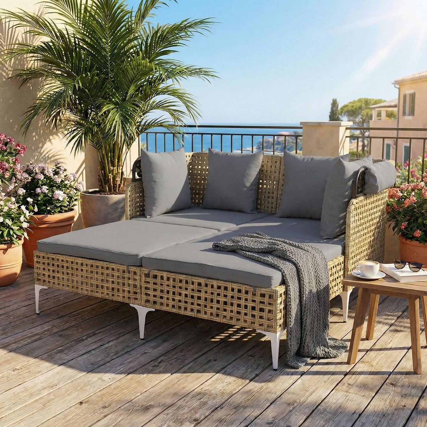 Garden Rattan Daybed, Patio Double Chaise Lounger Sun Bed with Retractable Canopy