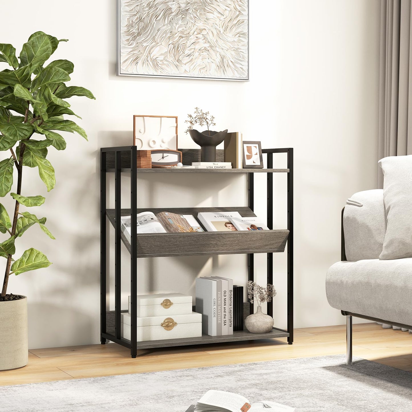 3 Tier Bookshelf with Adjustable Shelves and Metal Frame