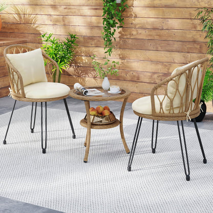 3 Pieces PE Wicker Patio Bistro Set with Cushions for Porch