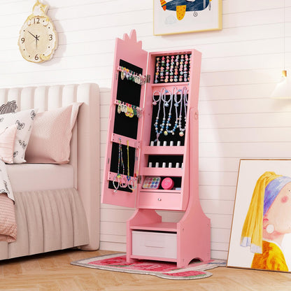 Kids Jewelry Cabinet with Full-Length Mirror and Foldable Drawer