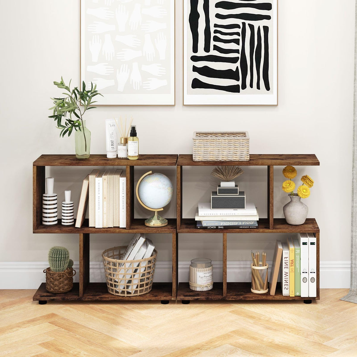 Wooden Bookshelf, 2-tier Irregular Display Shelf