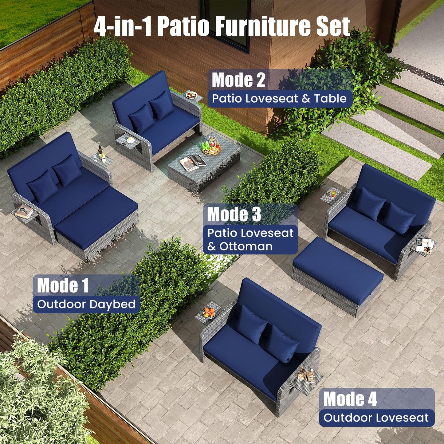 Garden Rattan Daybed, 4-Level Adjustable Patio Wicker Loveseat Sofa Bed Sun Lounger