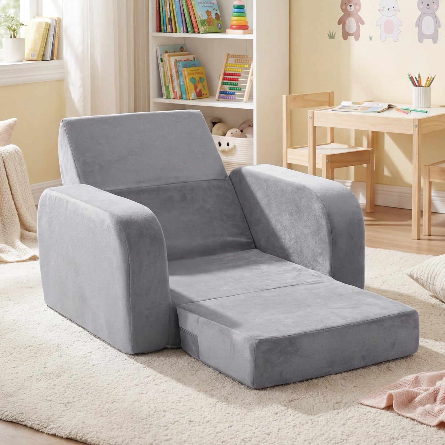Children's Armchair, 3 in 1 Convertible Fold Out Kids Sofa Bed with Velvet Fabric