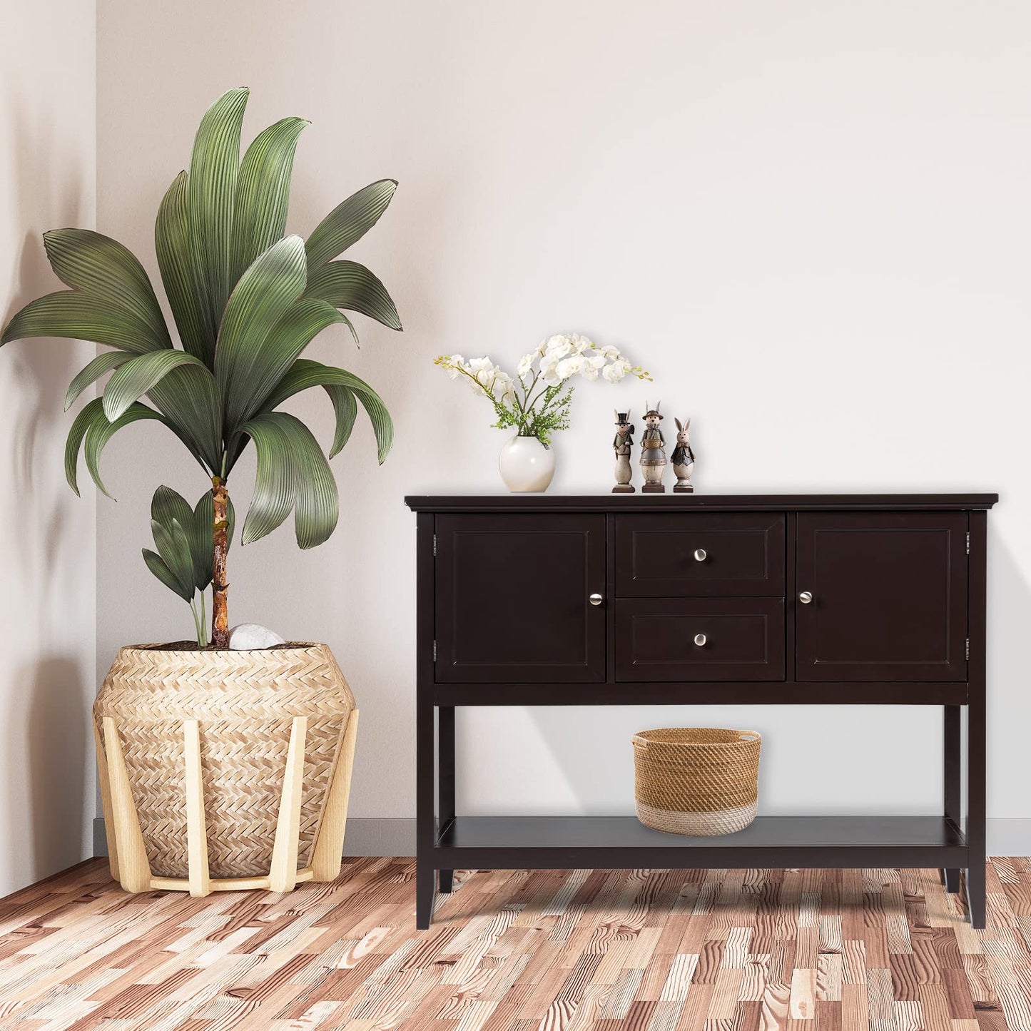 Wooden Buffet Table with Spacious Tabletop and Large Storage Rack
