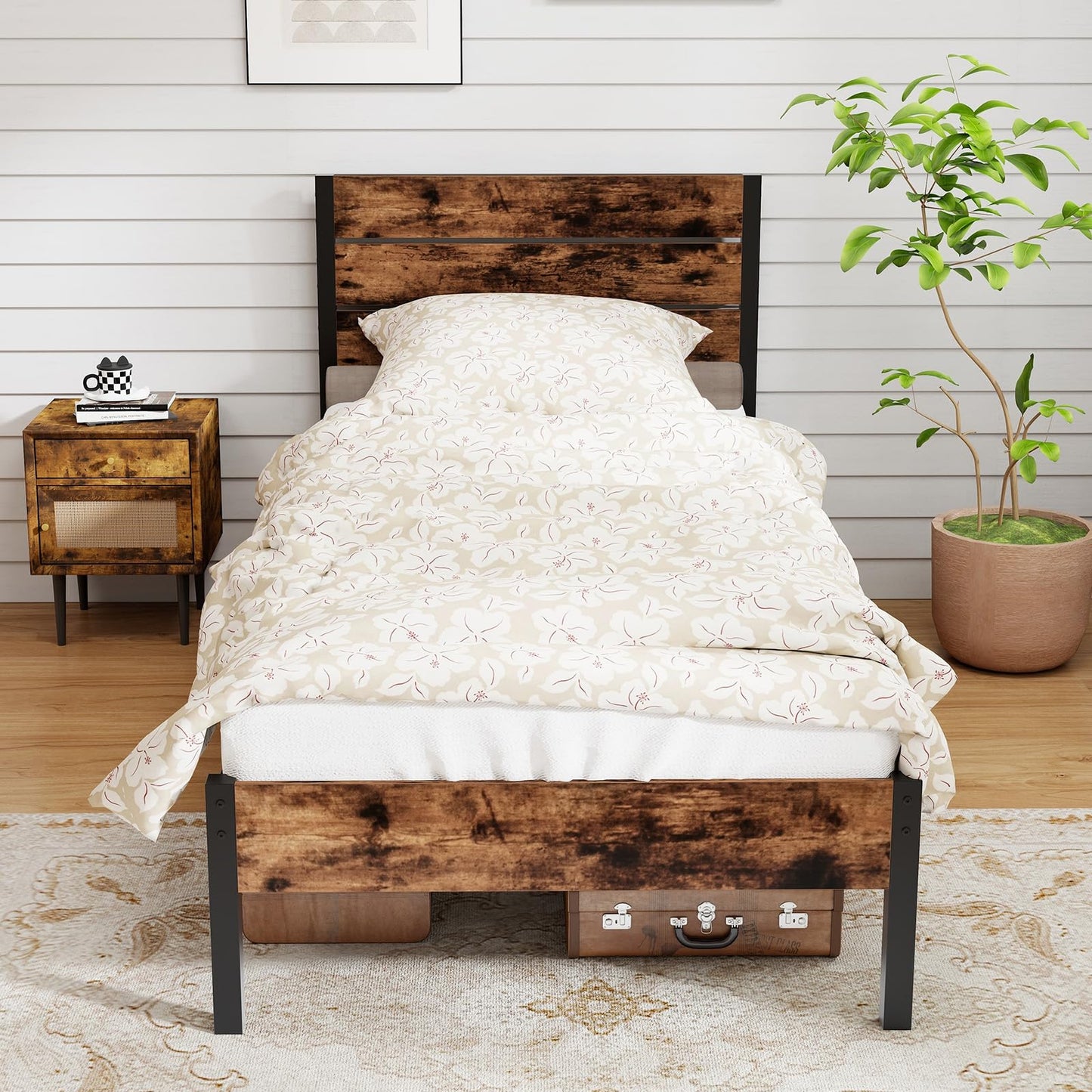 3FT Industrial Metal Platform Bed Frame with Wood Headboard & Underbed Storage