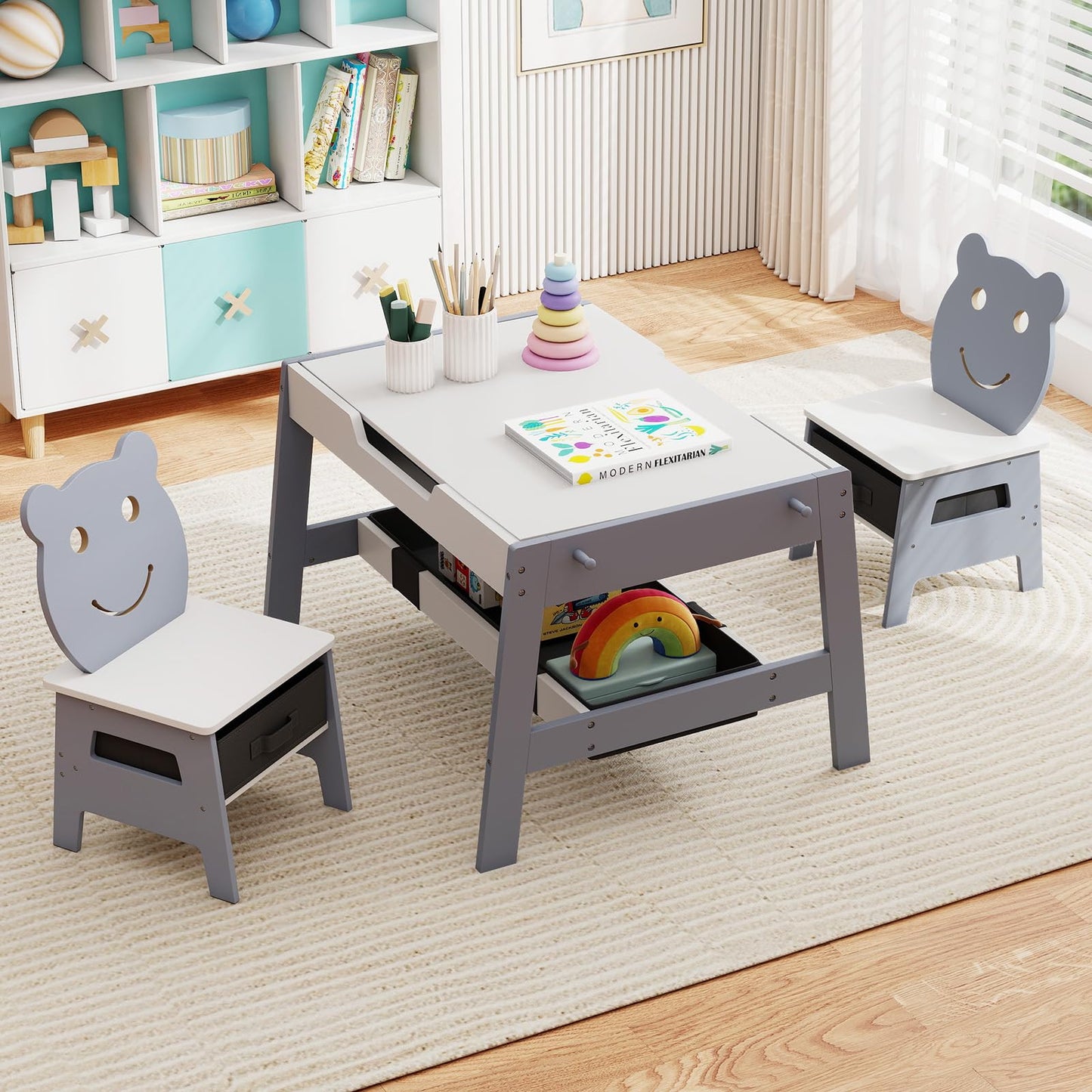 Kids Table and Chairs, Multifunctional Activity Desk with Chalkboard & Whiteboard