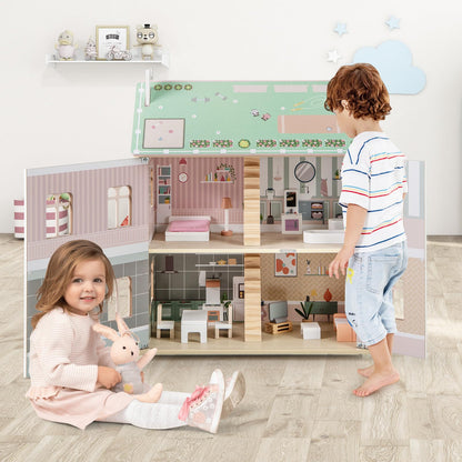 Wooden Dollhouse with Furniture and Accessories for Kids