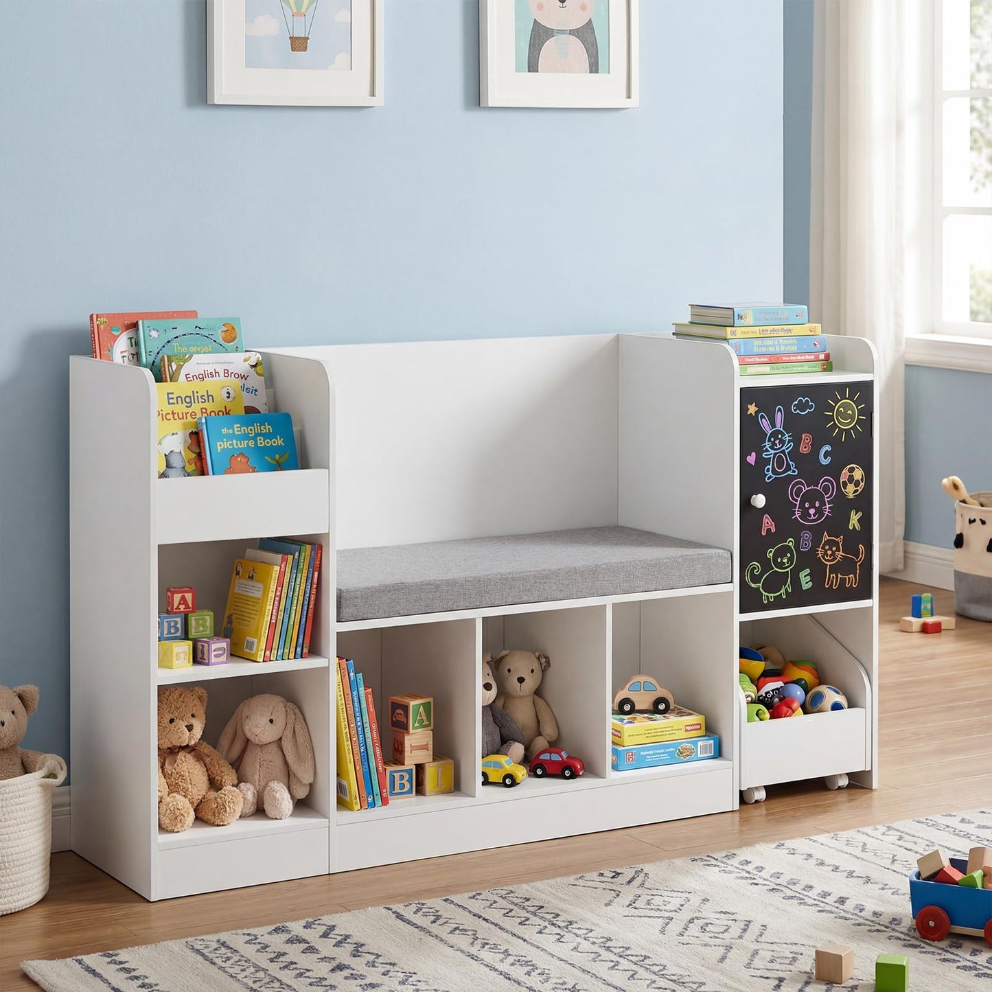 Kids Bookcase and Bookshelf with Reading Nook Toy Storage Organizer with Padded Seat Cushion
