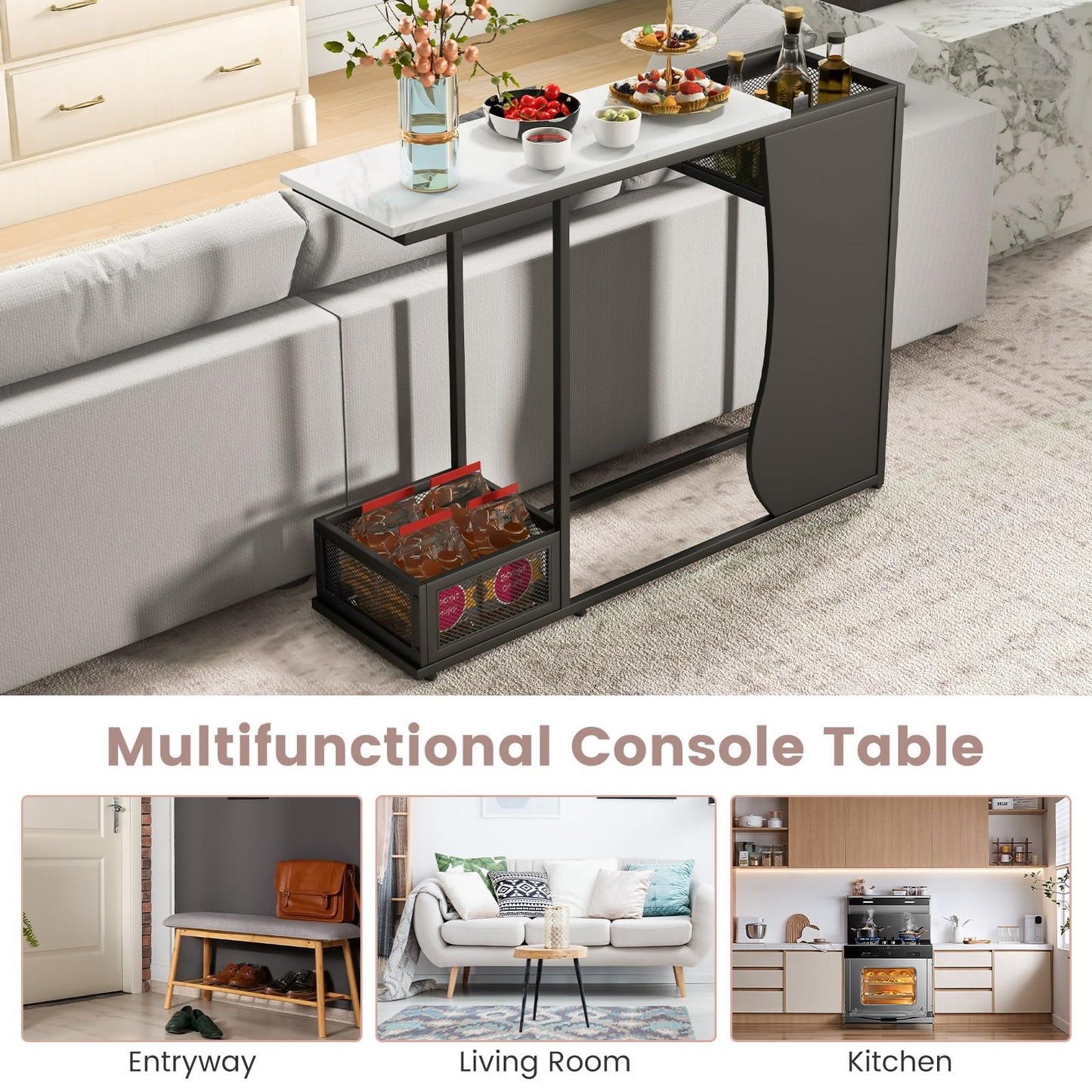 Modern Sofa Accent Console Table with 2 Storage Mesh Cubes