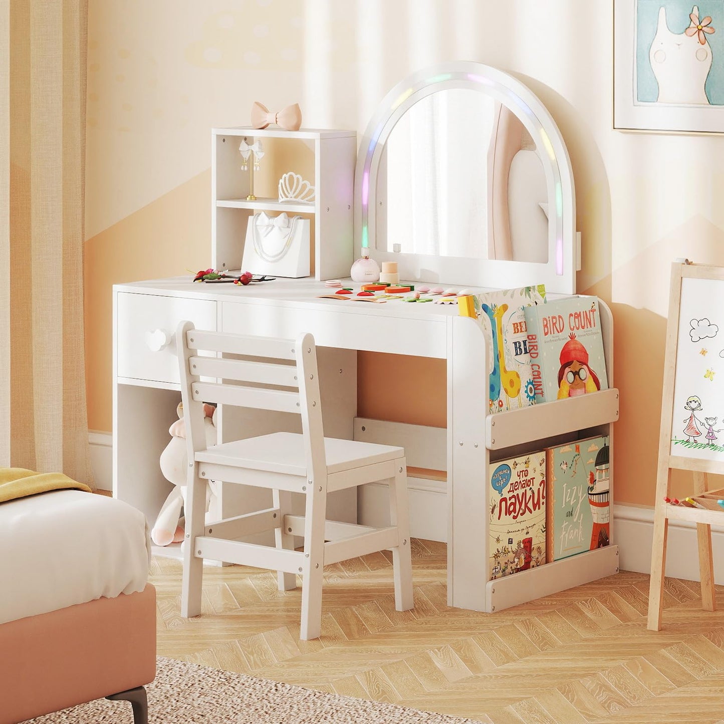 Kids Vanity Table and Chair Set with Lighted Mirror Open Storage Shelves