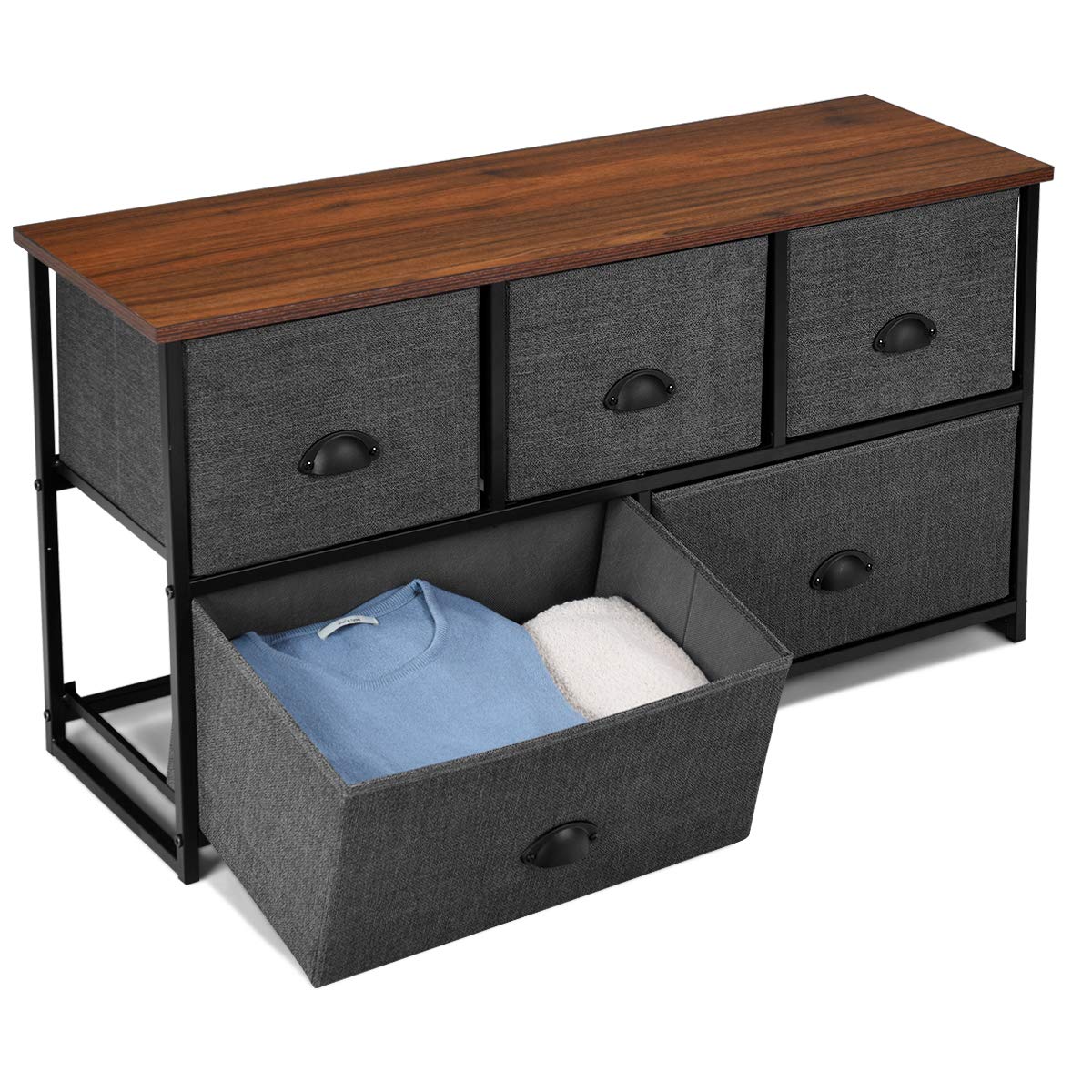 Fabric 5 Drawer Dresser Cabinet with Wooden Top
