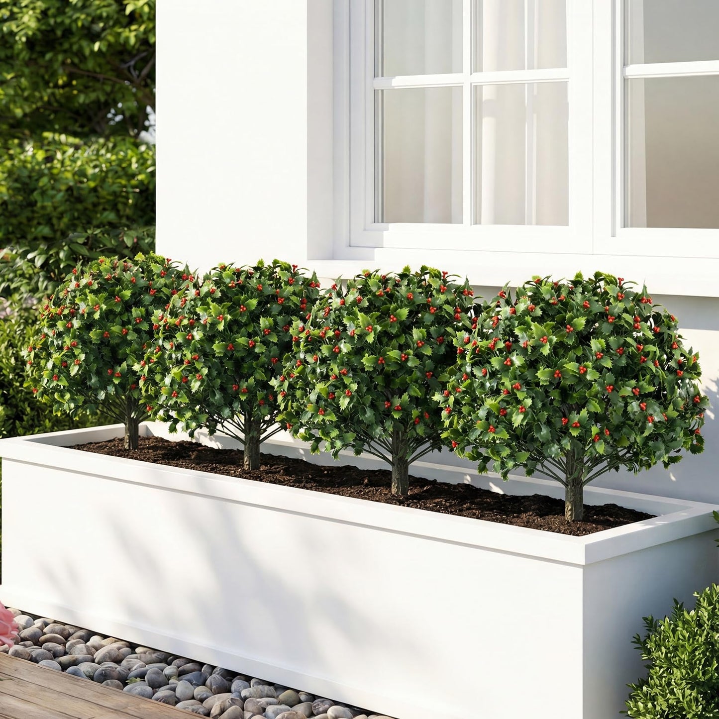 Set of 2 Faux Shrub Bushes with Ground Spikes （Red Berry）