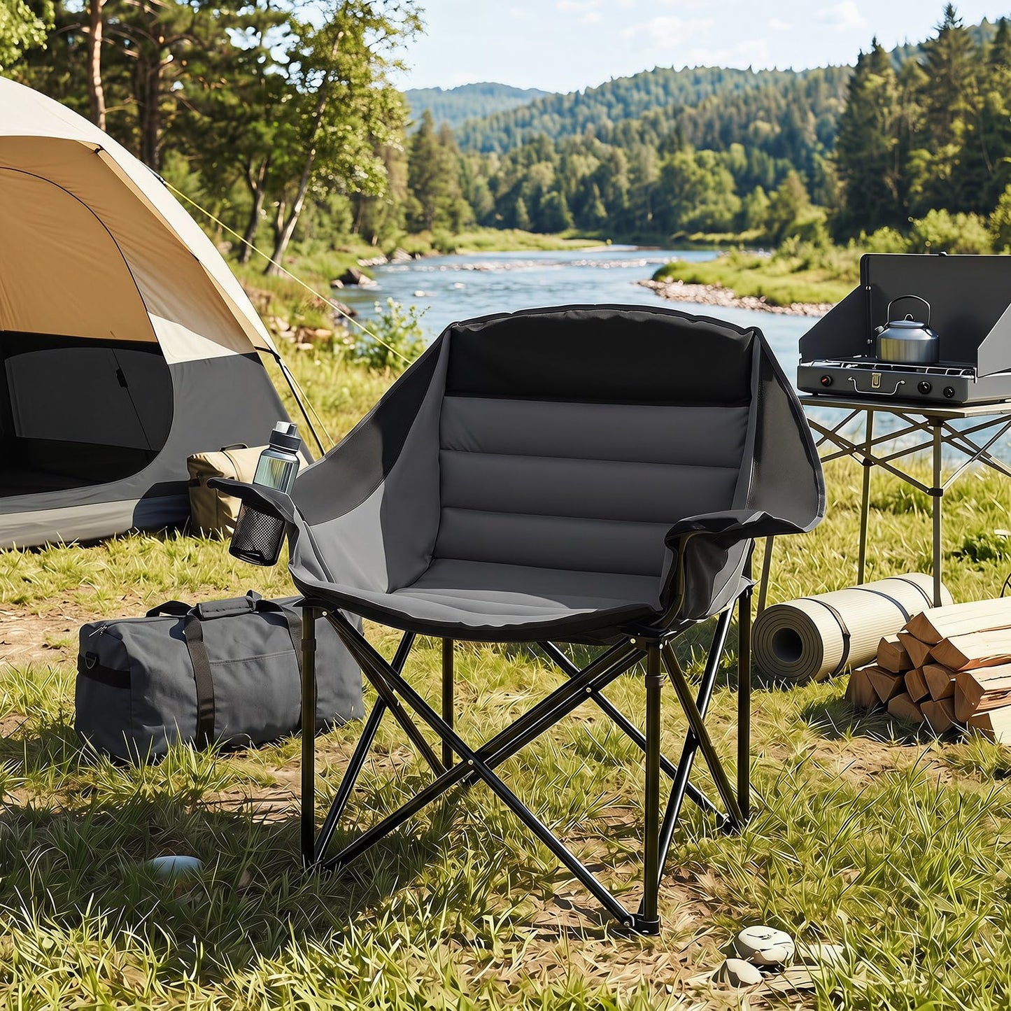 Oversized Folding Camping Chair, Padded Oxford Chair with Cup Holder, Side Pocket & Carry Bag