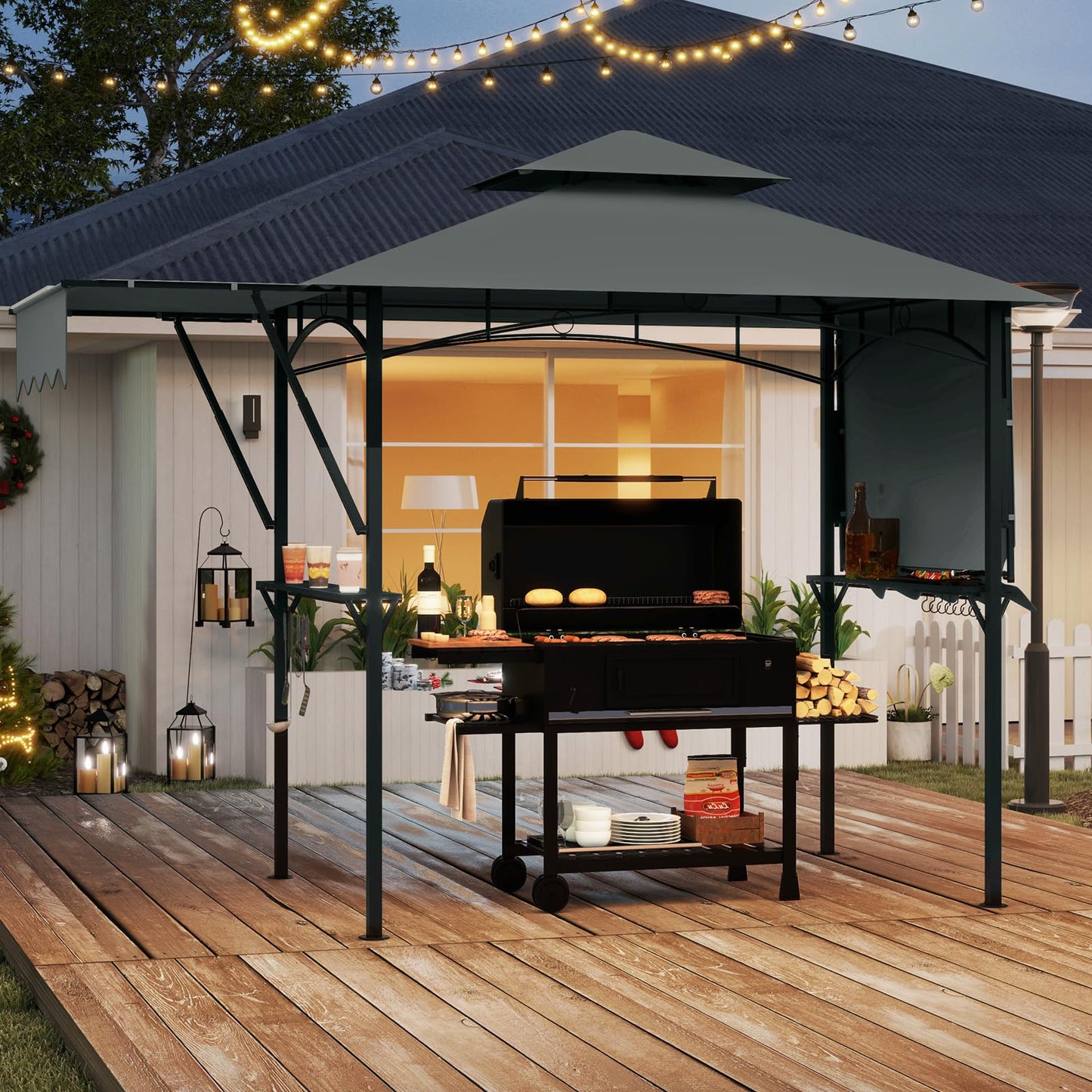 398 x 153 cm Grill Gazebo with Dual Side Awnings and Adjustable Shadow