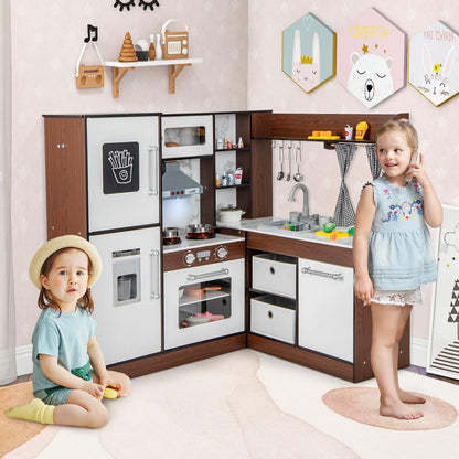 Kids Wooden Corner Play Kitchen with Lighted Range Hood and Stoves