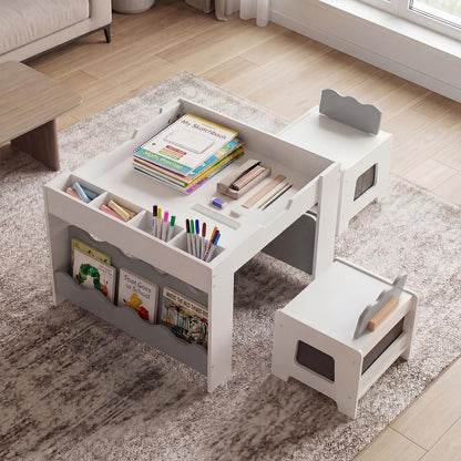 Kids Table and Chairs, Multifunctional Activity Desk Set with Double-sided Tabletop