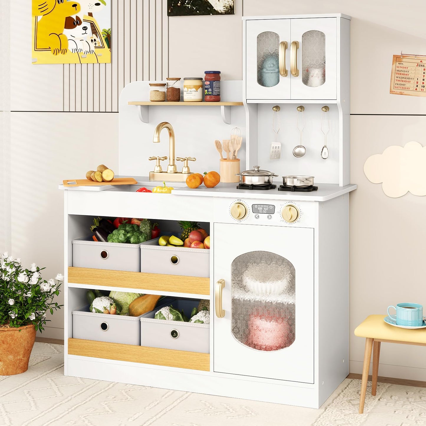 Kids Kitchen Playset Toy Play Kitchen with 4 Fabric Drawers for 3+ Years Old